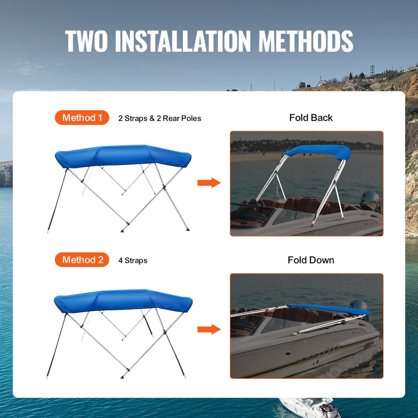 4-Bow Boat Canopy Cover, 900D Polyester, Fits 2.31-2.44m Width, Pacific Blue