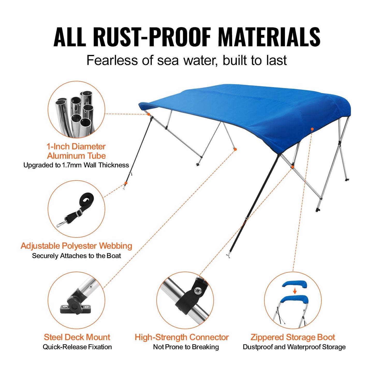 4-Bow Boat Canopy Cover, 900D Polyester, Fits 2.31-2.44m Width, Pacific Blue