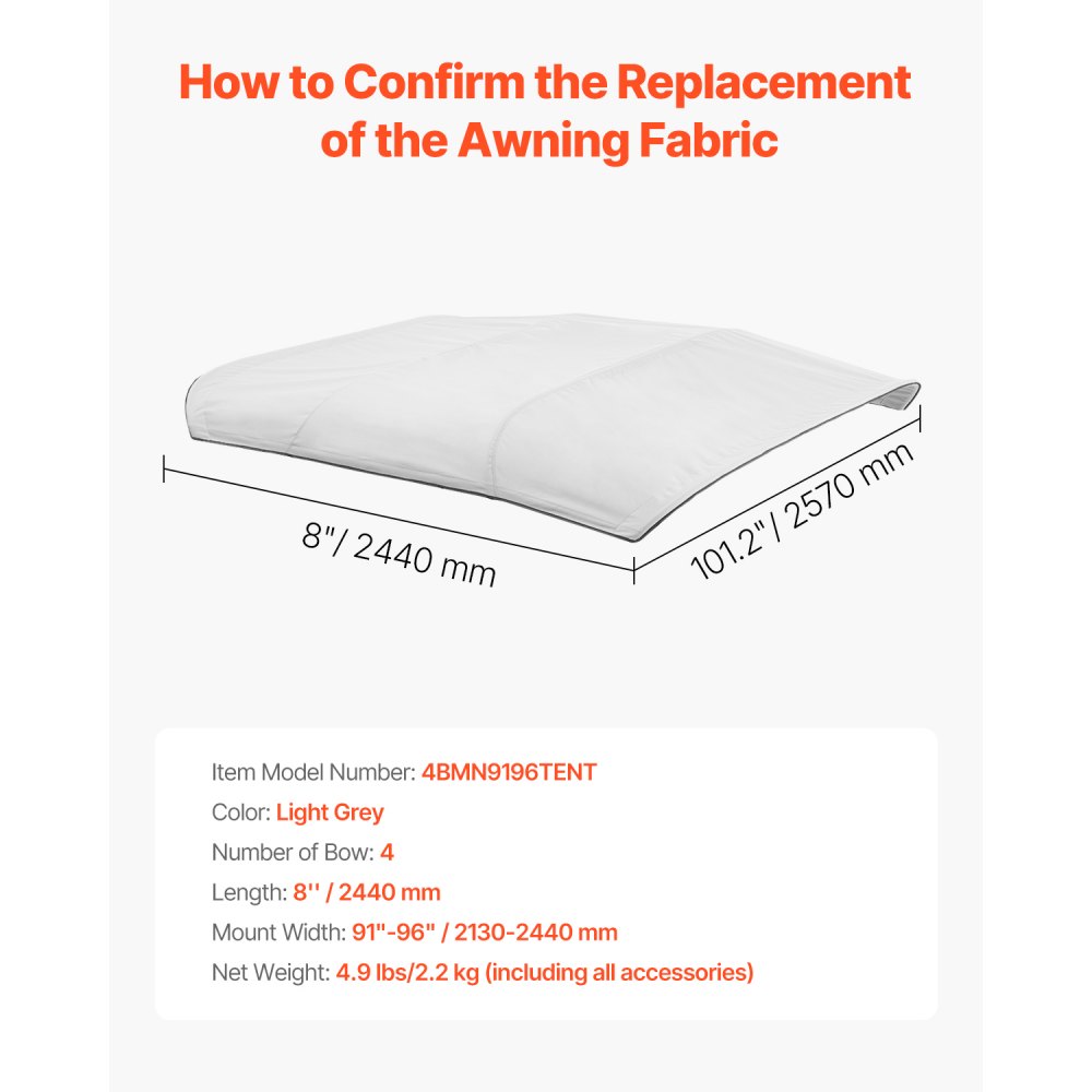 4 Bow Boat Bimini Tops 96"Lx(91"-96")W Awning Top Replacement Light Grey