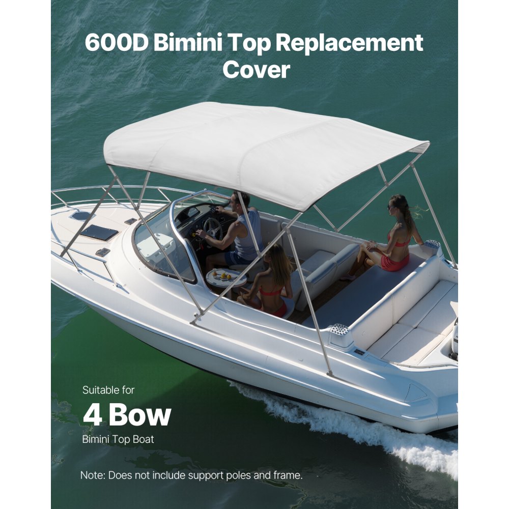VEVOR 4 Bow Boat Bimini Tops 96"Lx(97"-103")W Awning Top Replacement Light Grey