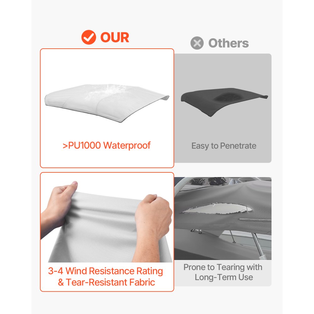 VEVOR 4 Bow Boat Bimini Tops 96"Lx(97"-103")W Awning Top Replacement Light Grey