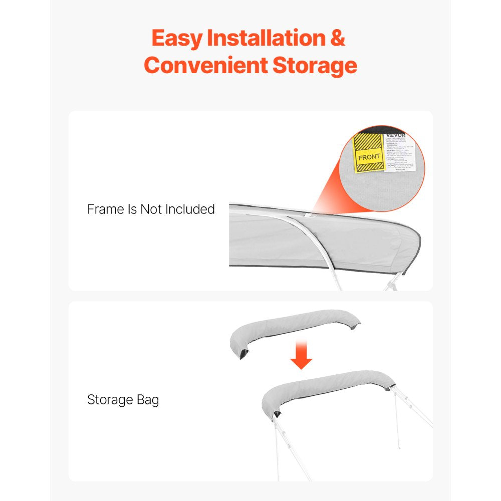 VEVOR 4 Bow Boat Bimini Tops 96"Lx(97"-103")W Awning Top Replacement Light Grey