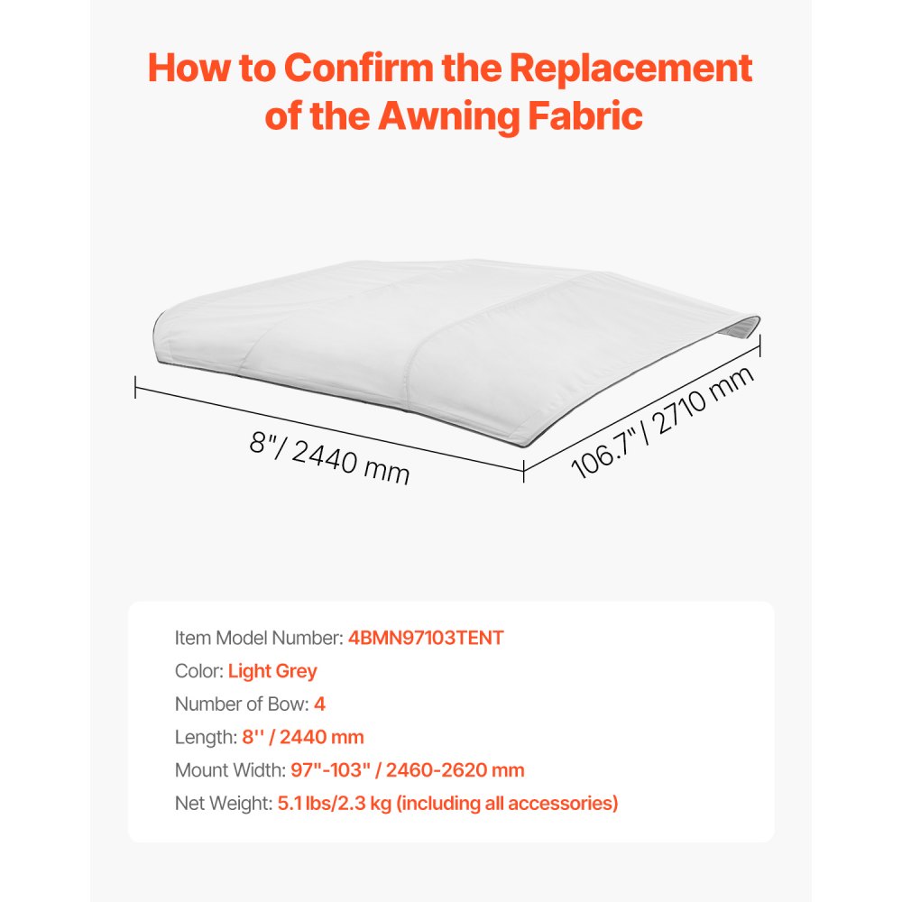 VEVOR 4 Bow Boat Bimini Tops 96"Lx(97"-103")W Awning Top Replacement Light Grey