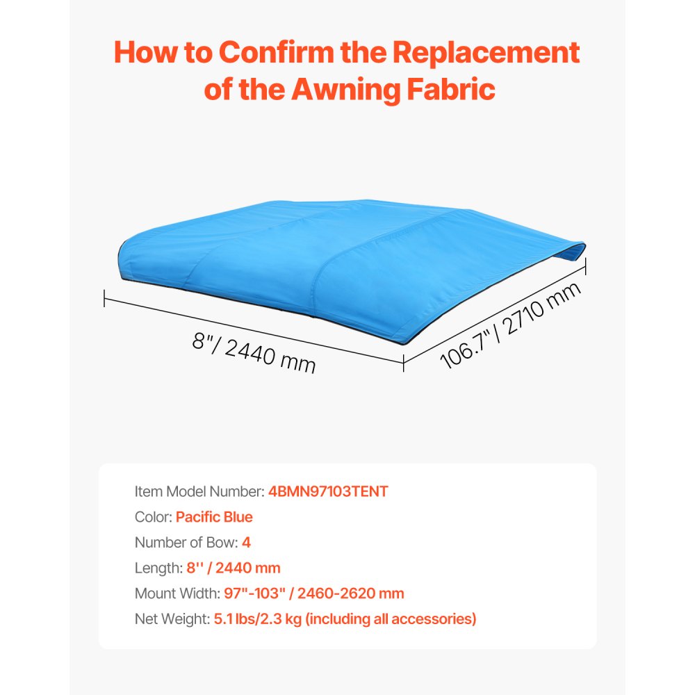 VEVOR 4 Bow Boat Bimini Tops 96"Lx(97"-103")W Awning Top Replacement Pacific Blue