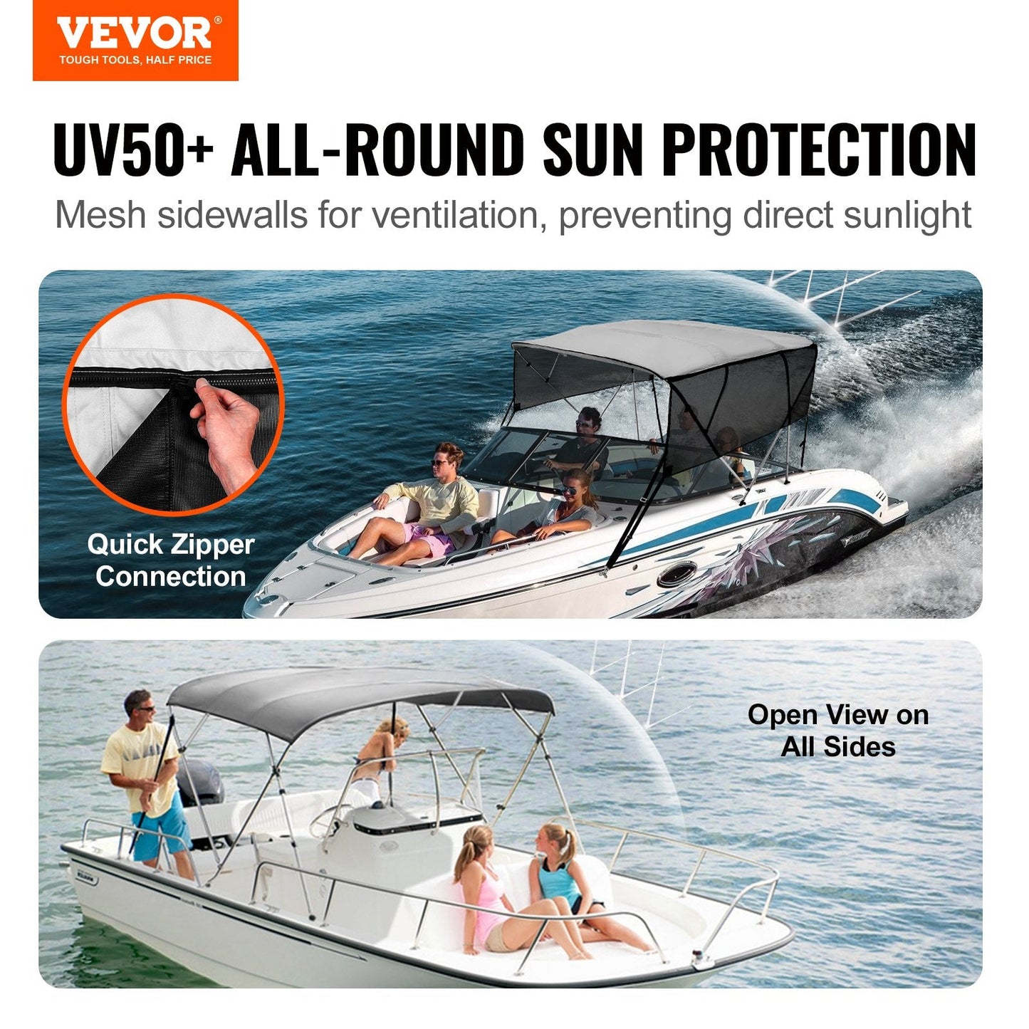 4-Bow Boat Bimini Top with Detachable Mesh Sides, 2.0-2.13m Wide, Light Grey