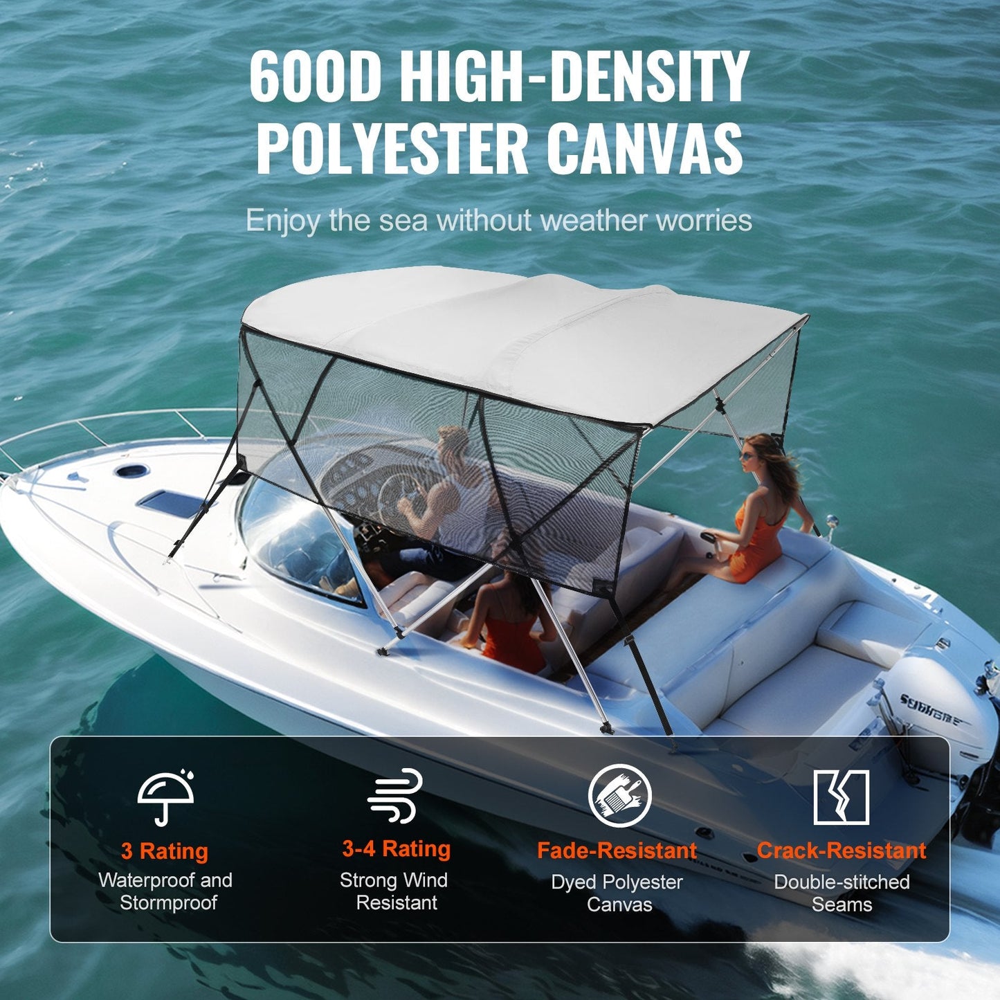 4-Bow Boat Bimini Top with Detachable Mesh Sides, 2.0-2.13m Wide, Light Grey