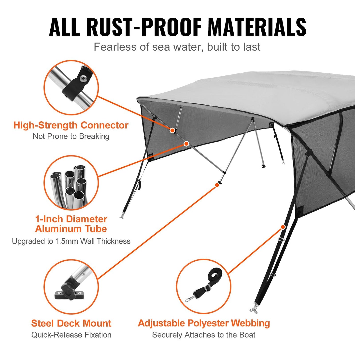 4-Bow Boat Bimini Top with Detachable Mesh Sides, 2.0-2.13m Wide, Light Grey