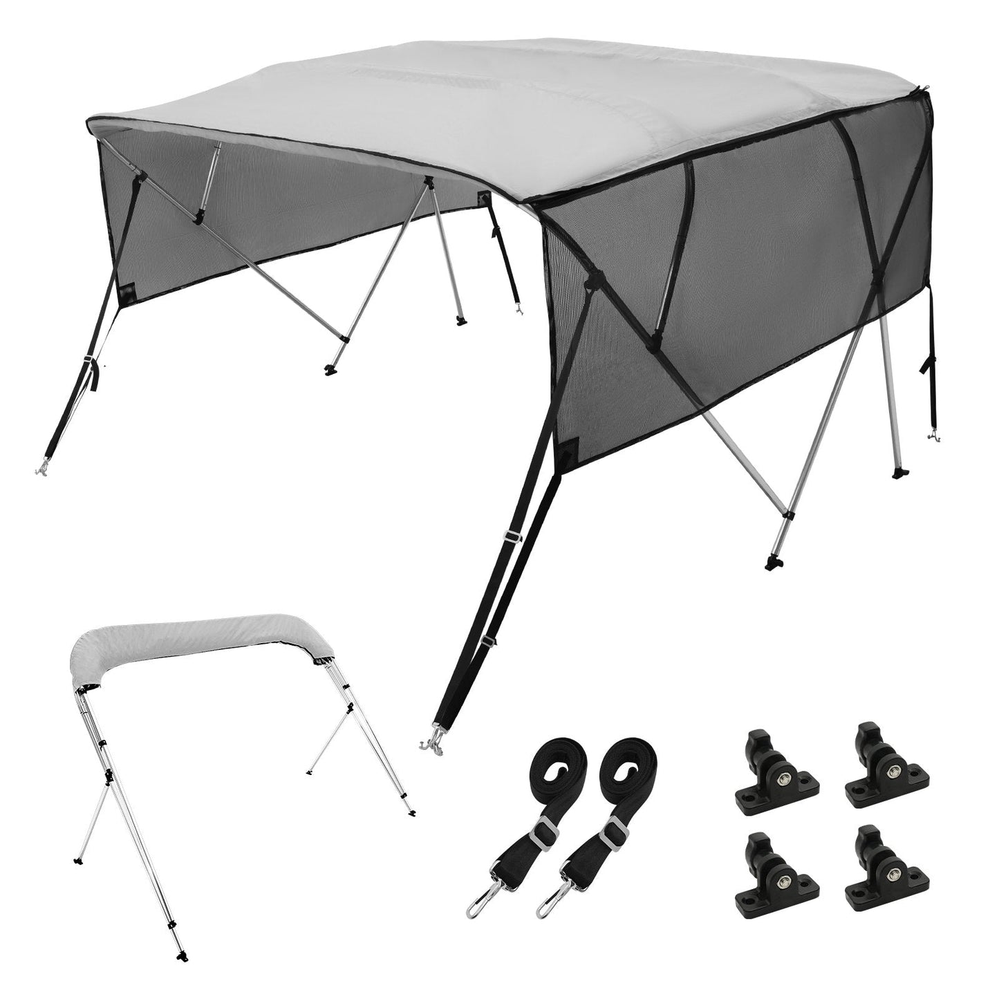 4-Bow Boat Bimini Top with Detachable Mesh Sides, 2.0-2.13m Wide, Light Grey