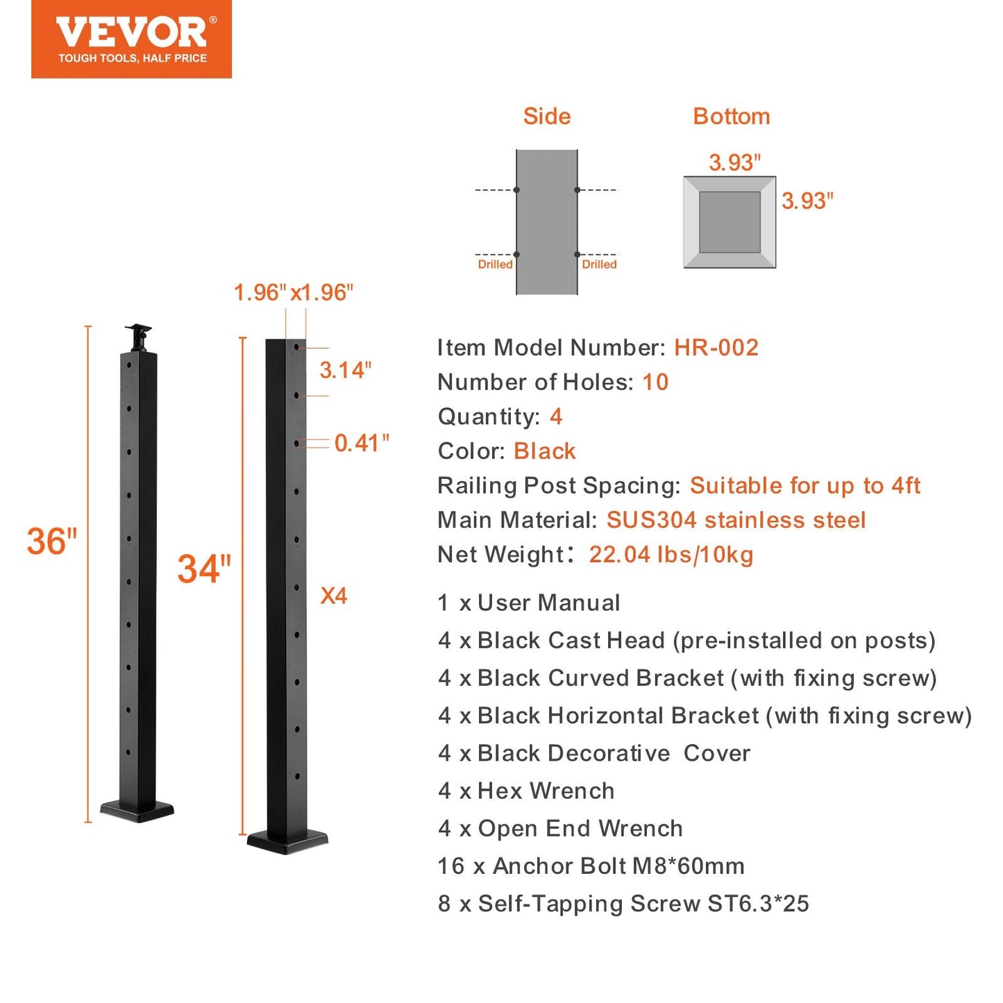 4-Pack Stainless Steel Cable Railing Posts, 91.4 cm, Black, Easy Install