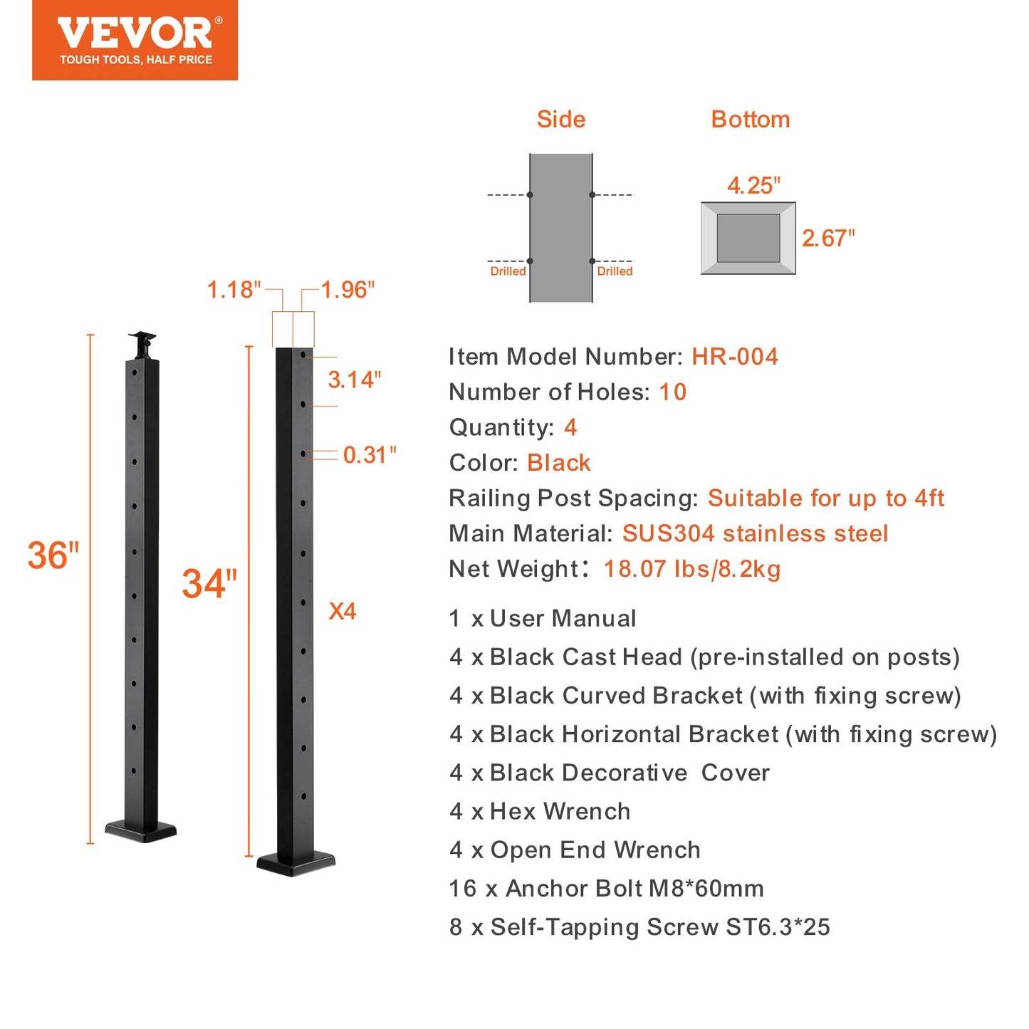 VEVOR 4-Pack Cable Railing Post, 36" x 1" x 2" Steel Horizontal Hole Deck Railing