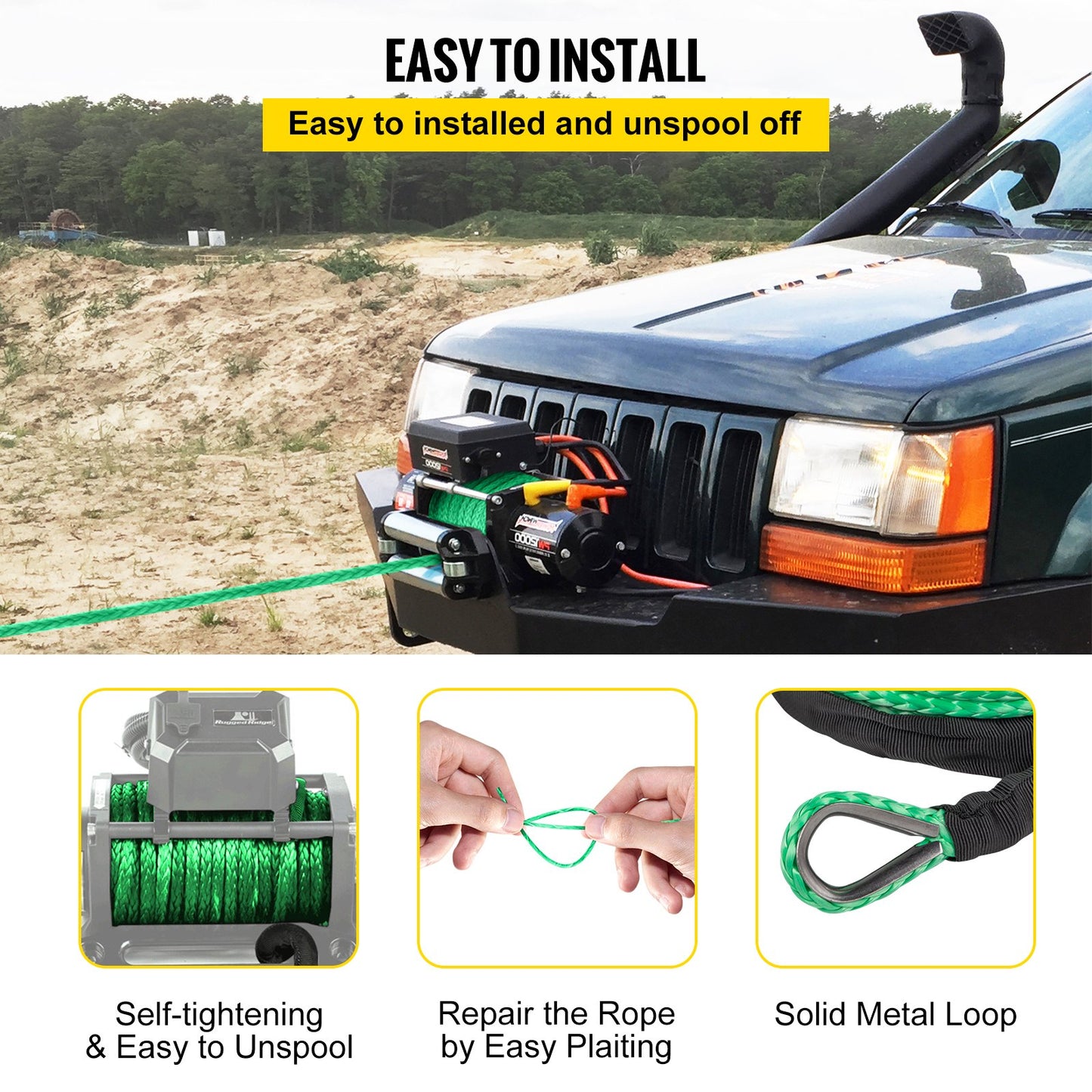 VEVOR Green Synthetic Winch Line 5/16 Inch X100FT Synthetic Winch Rope 12000 LBS