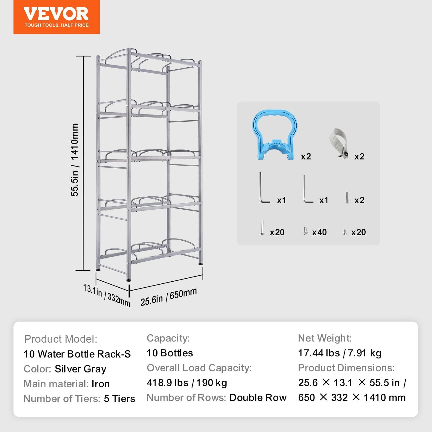 5-Tier Double Row Water Jug Rack for 10 Bottles, Silver Gray, 1.41m Height