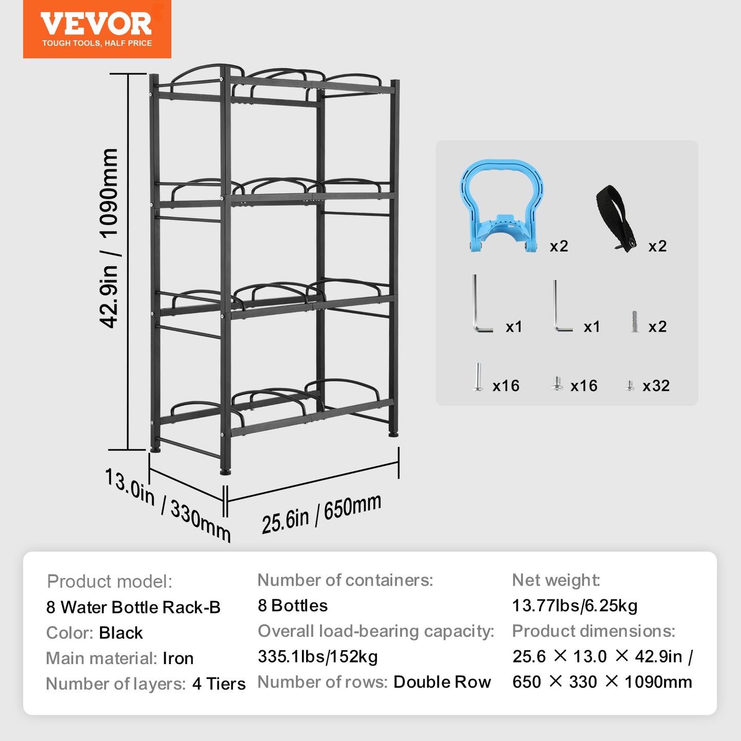 VEVOR 4 Tiers Water Jug Holder Double Row Water Bottle Rack for 8 Bottles Black