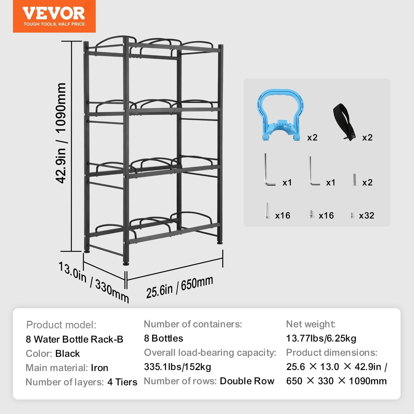 4-Tier Double Row Water Jug Rack for 8 Bottles, Black Iron, Easy Install