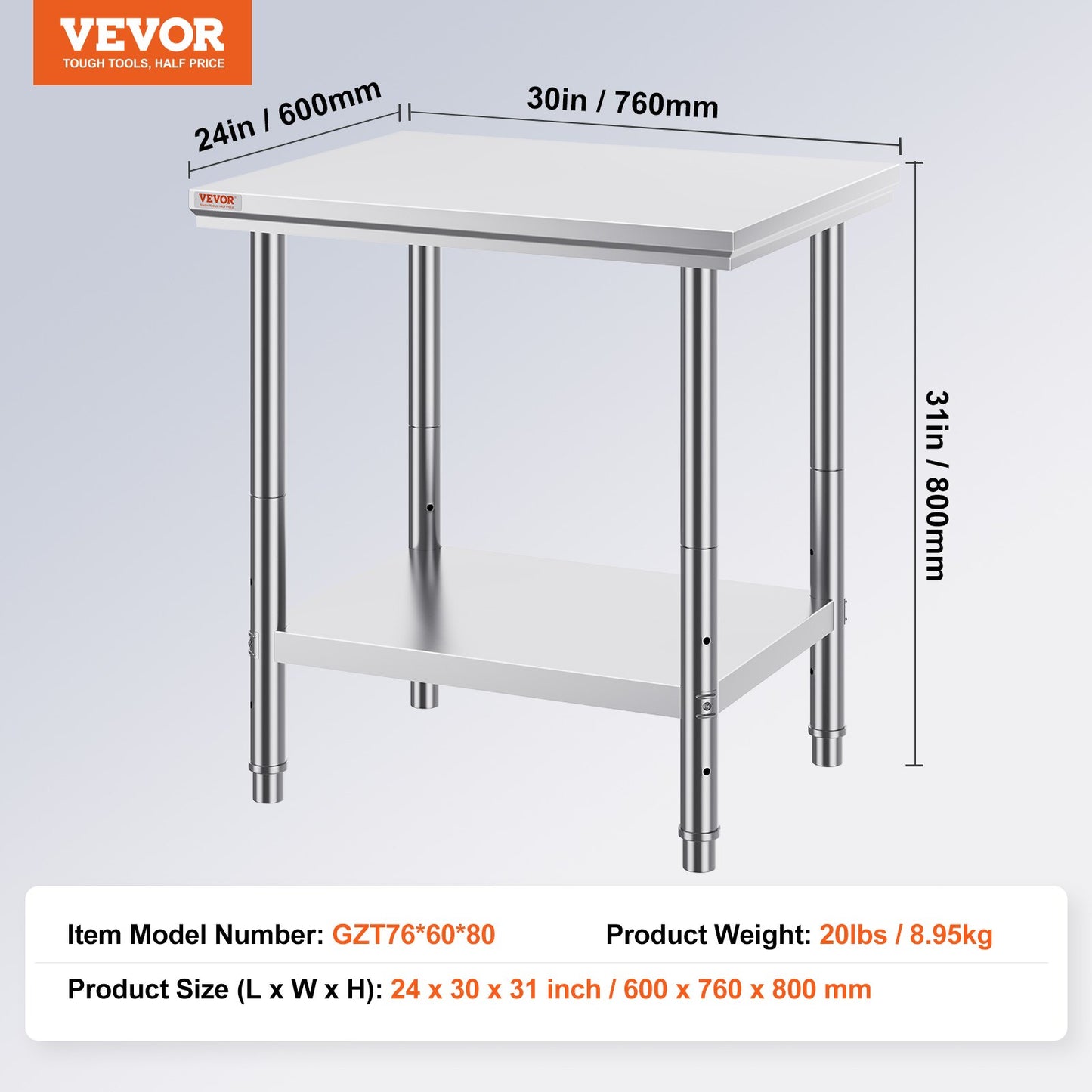 VEVOR Commercial Worktable & Workstation 24 x 30 x 32 Inch Stainless Steel Work