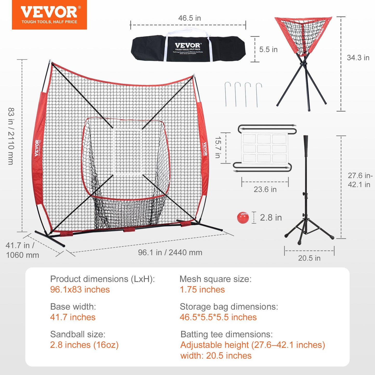 VEVOR 7x7 Baseball Softball Practice Net, Portable Baseball Training Net for Hitting