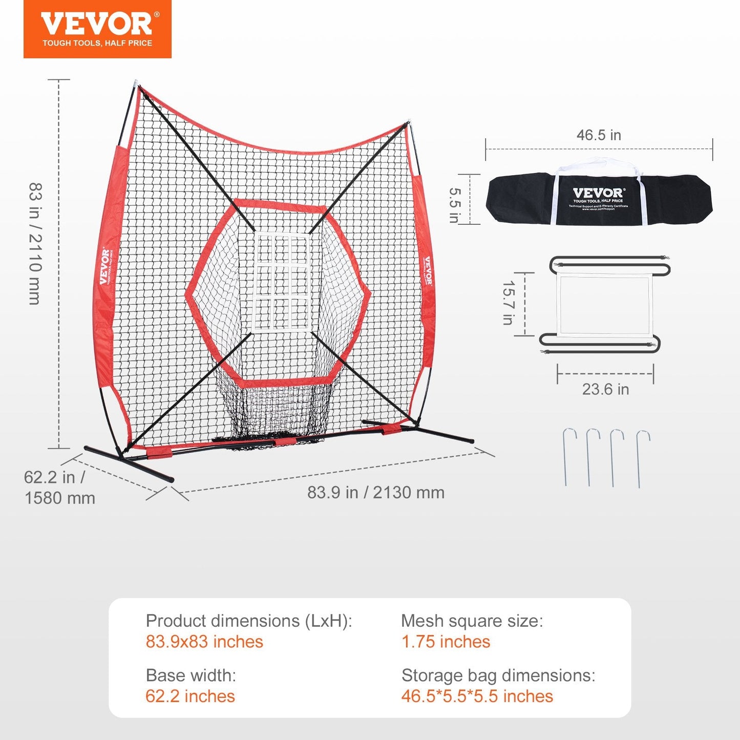 Portable 2.13x2.13m Baseball Softball Practice Net with Bow Frame & Carry Bag