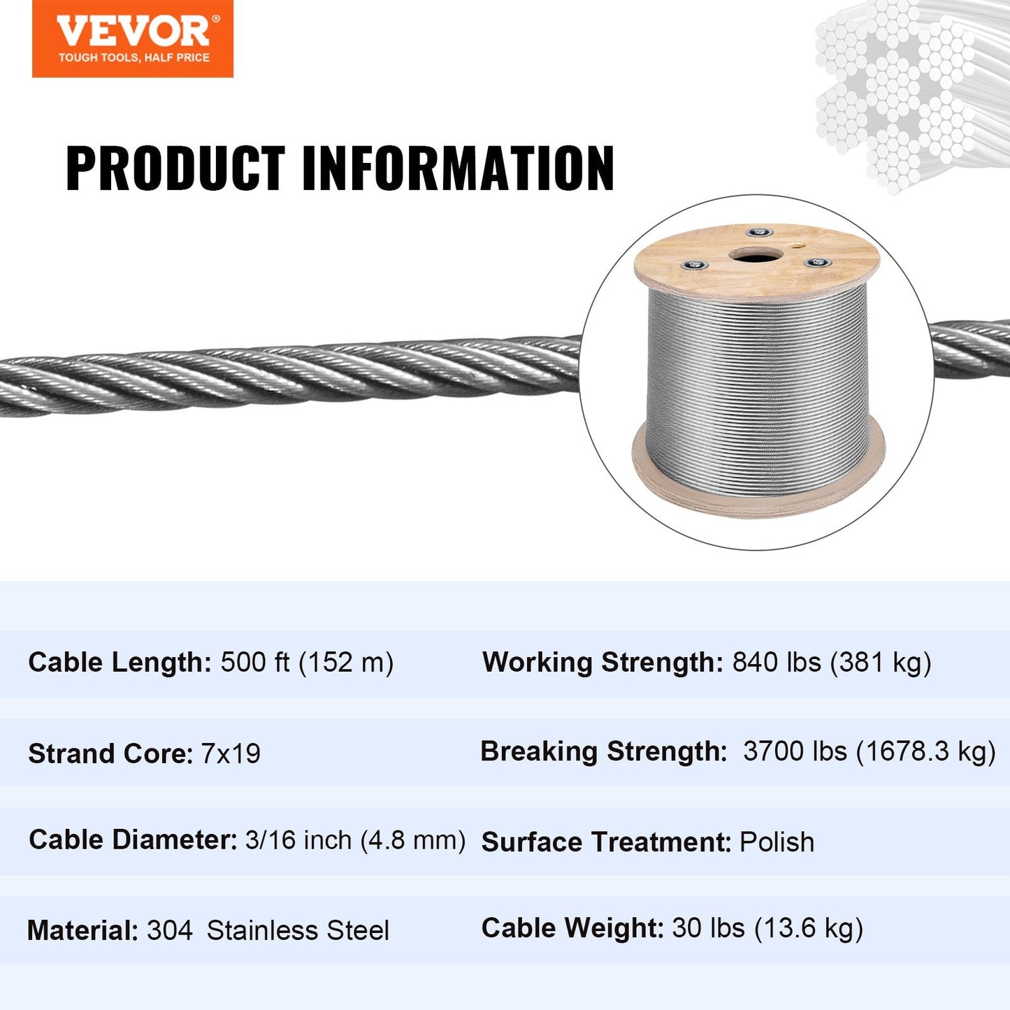 High-Strength 150m Stainless Steel Cable Reel, 4.76mm Diameter, 1678kg Breaking Strength