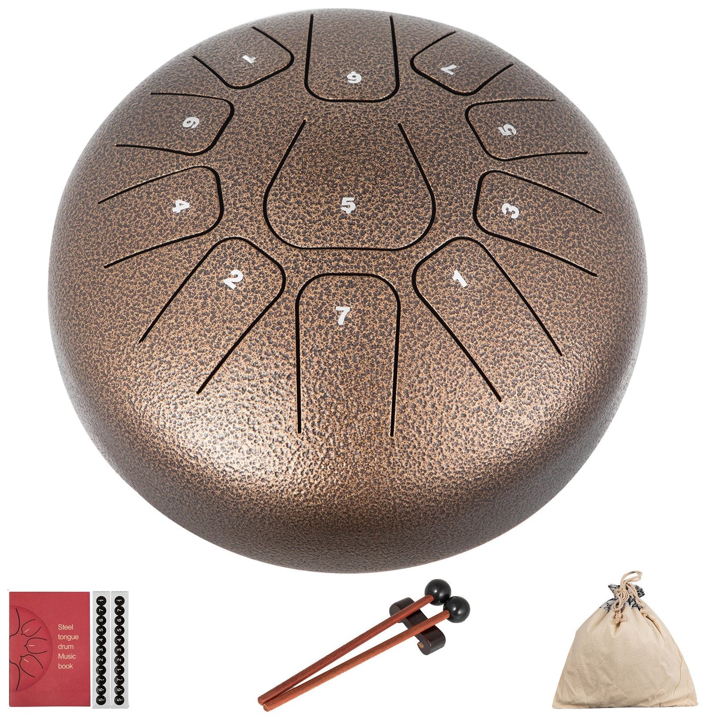 Steel-Titanium Handpan Drum, 11 Notes, 20 cm Diameter, Chestnut Finish