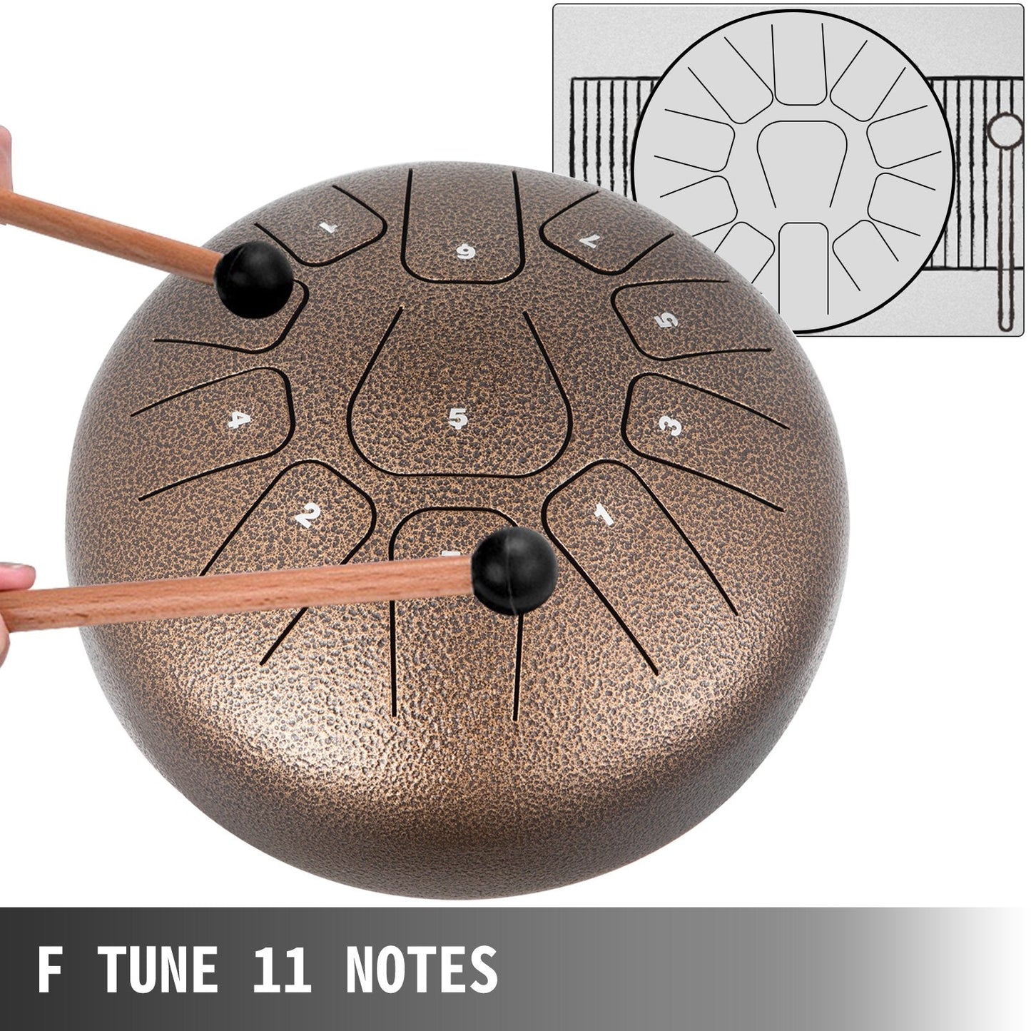 Steel-Titanium Handpan Drum, 11 Notes, 20 cm Diameter, Chestnut Finish