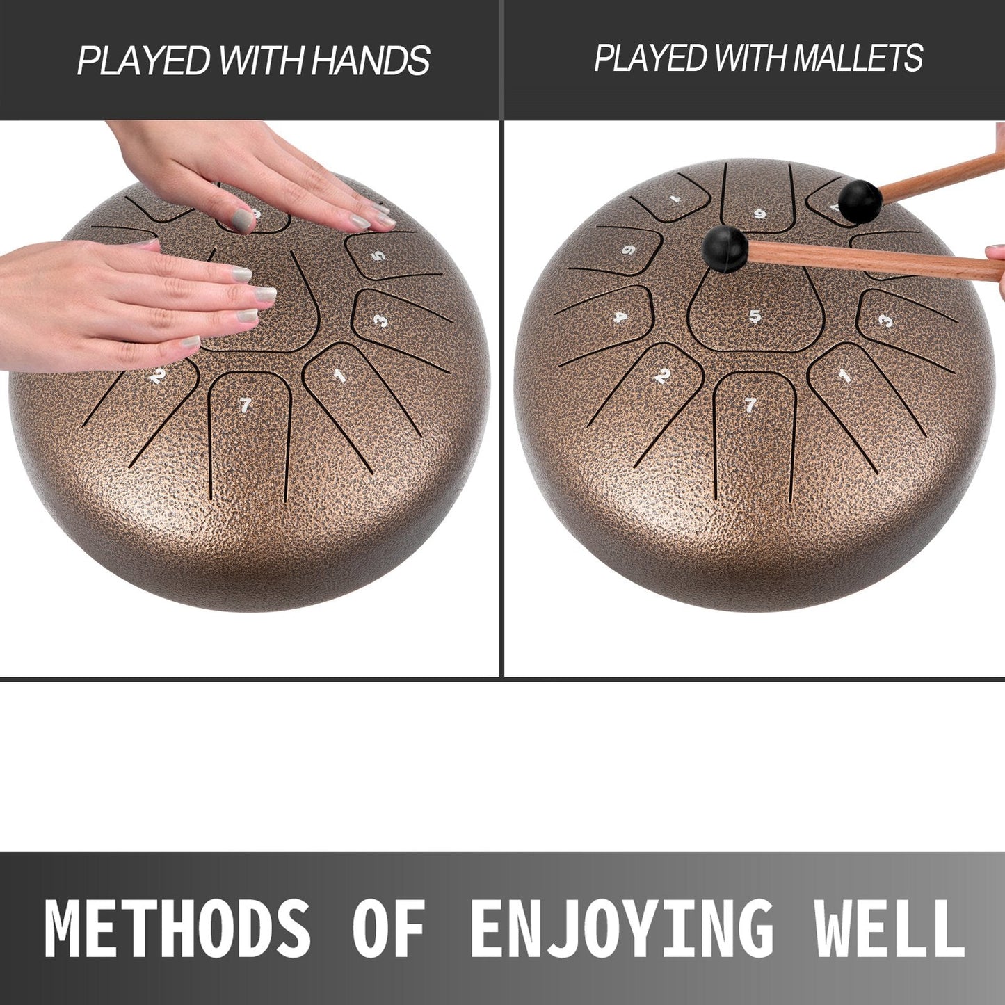 Steel-Titanium Handpan Drum, 11 Notes, 20 cm Diameter, Chestnut Finish