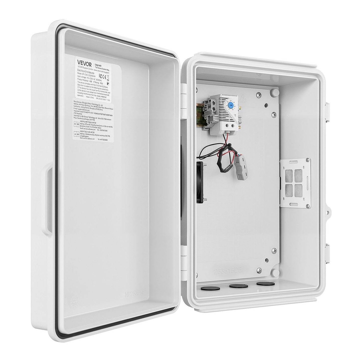 Outdoor Electrical Box, ABS, Waterproof Electrical Junction Box with Thermostat and Fan, Mounting Plate, Cable Grommets, Ventilated Plastic Enclosure, 360 x 275 x 150 mm, IP65 for Indoor/Outdoor
