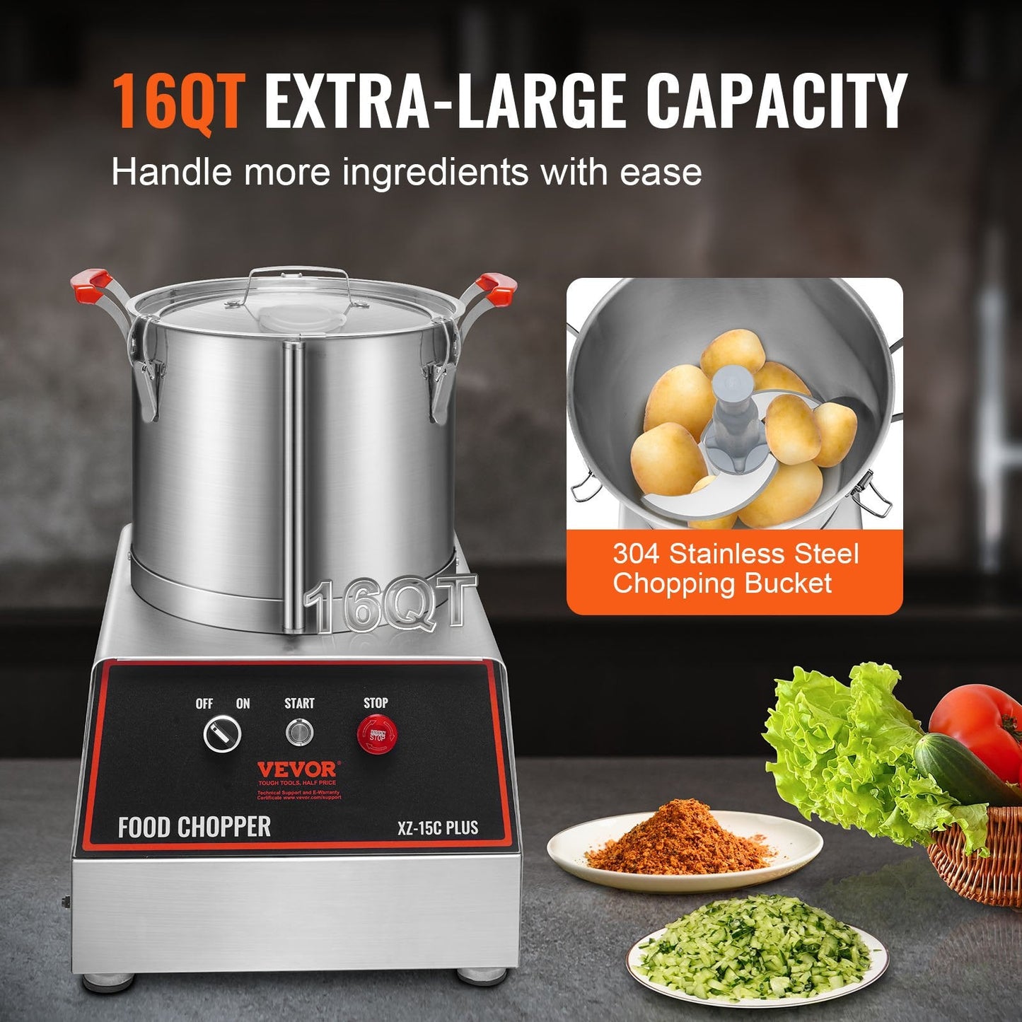 16 Quart Stainless Steel Food Processor & Chopper, 1400W, 1720 RPM