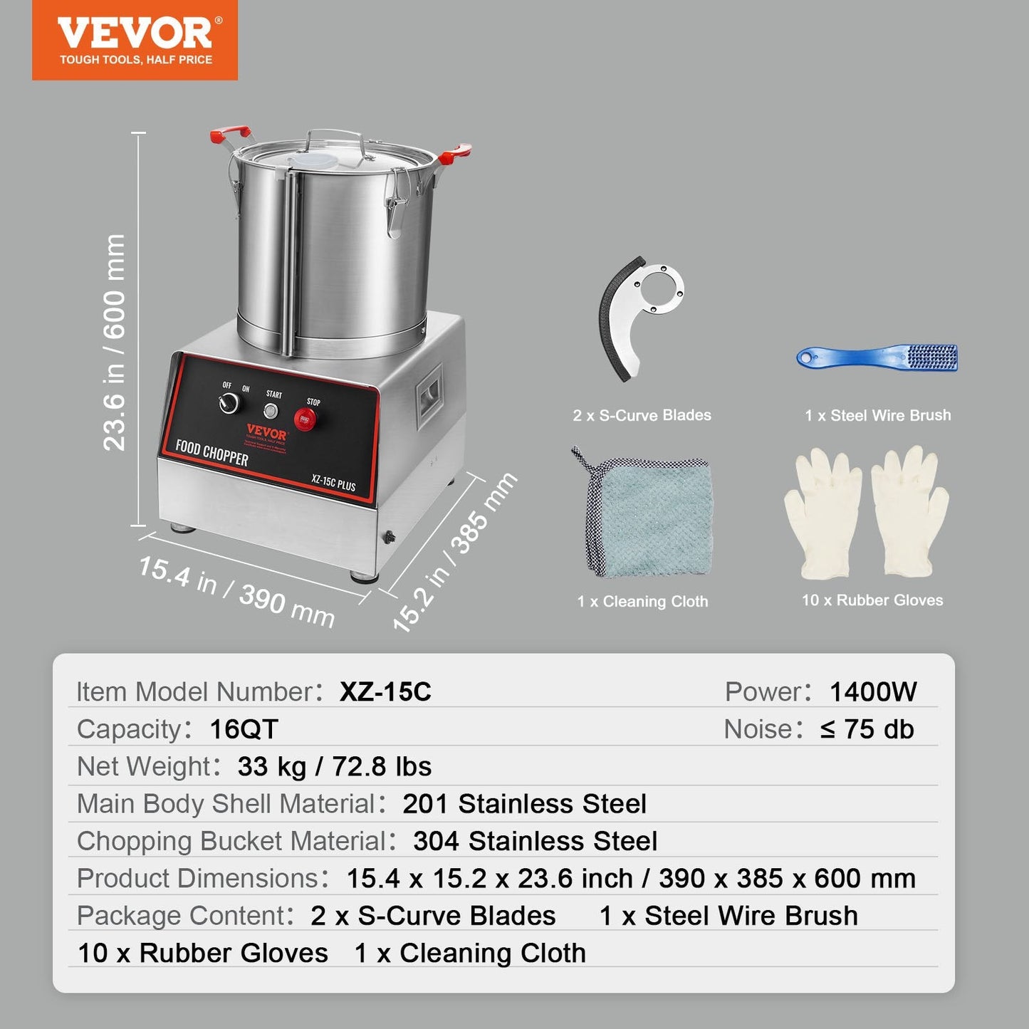 16 Quart Stainless Steel Food Processor & Chopper, 1400W, 1720 RPM