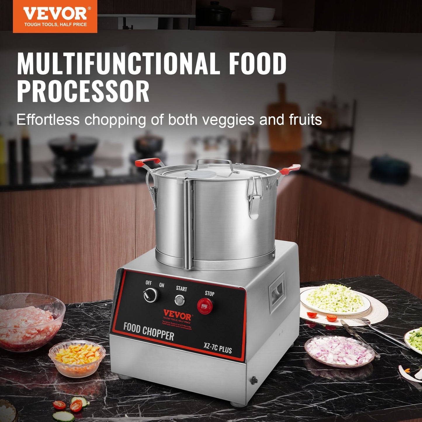 7 Quart Stainless Steel Food Processor with Extra S-Curve Blades, 750W Power