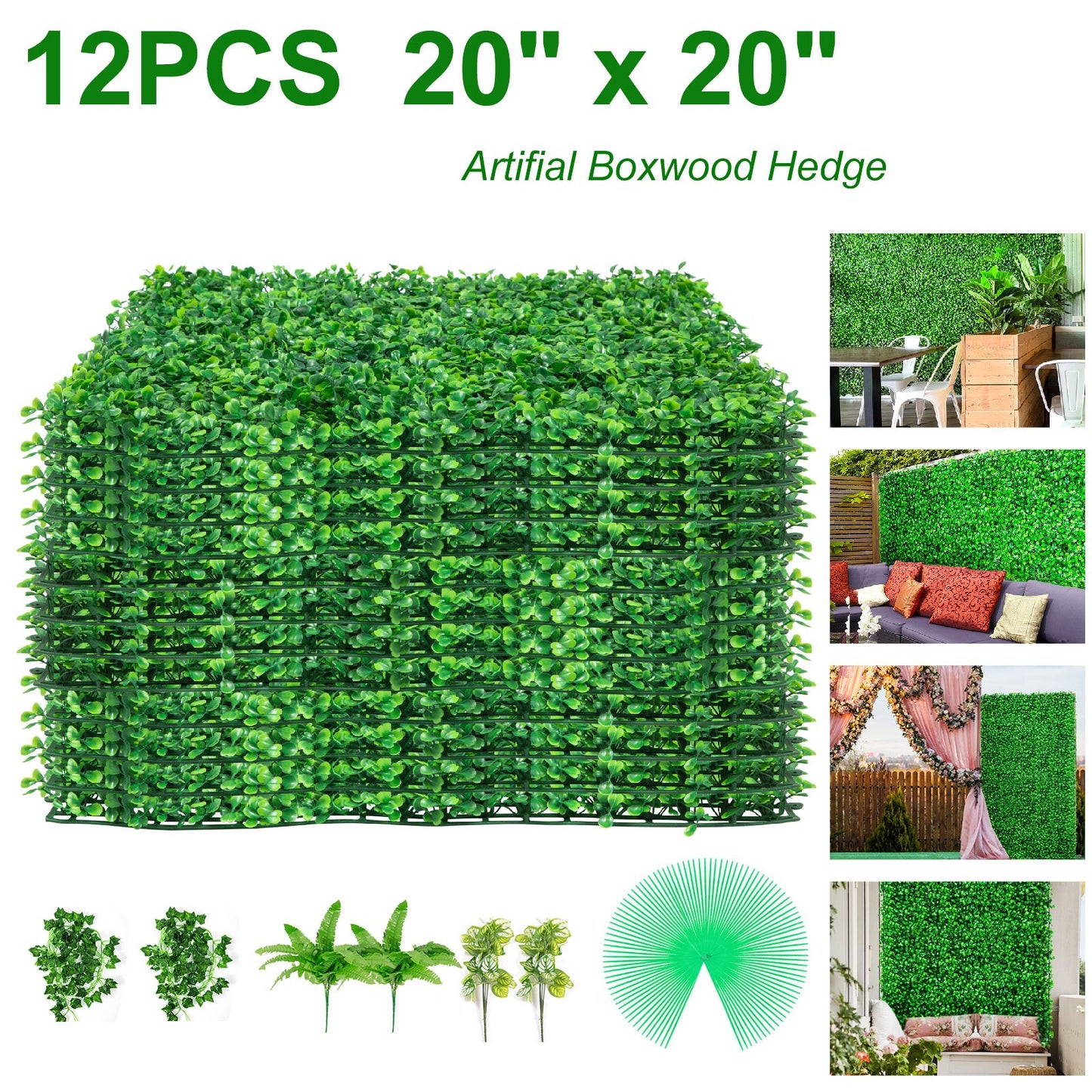 VEVOR Artificial Boxwood Panels, 12 PCS 20"x20" Boxwood Hedge Wall Panels, PE Artificial