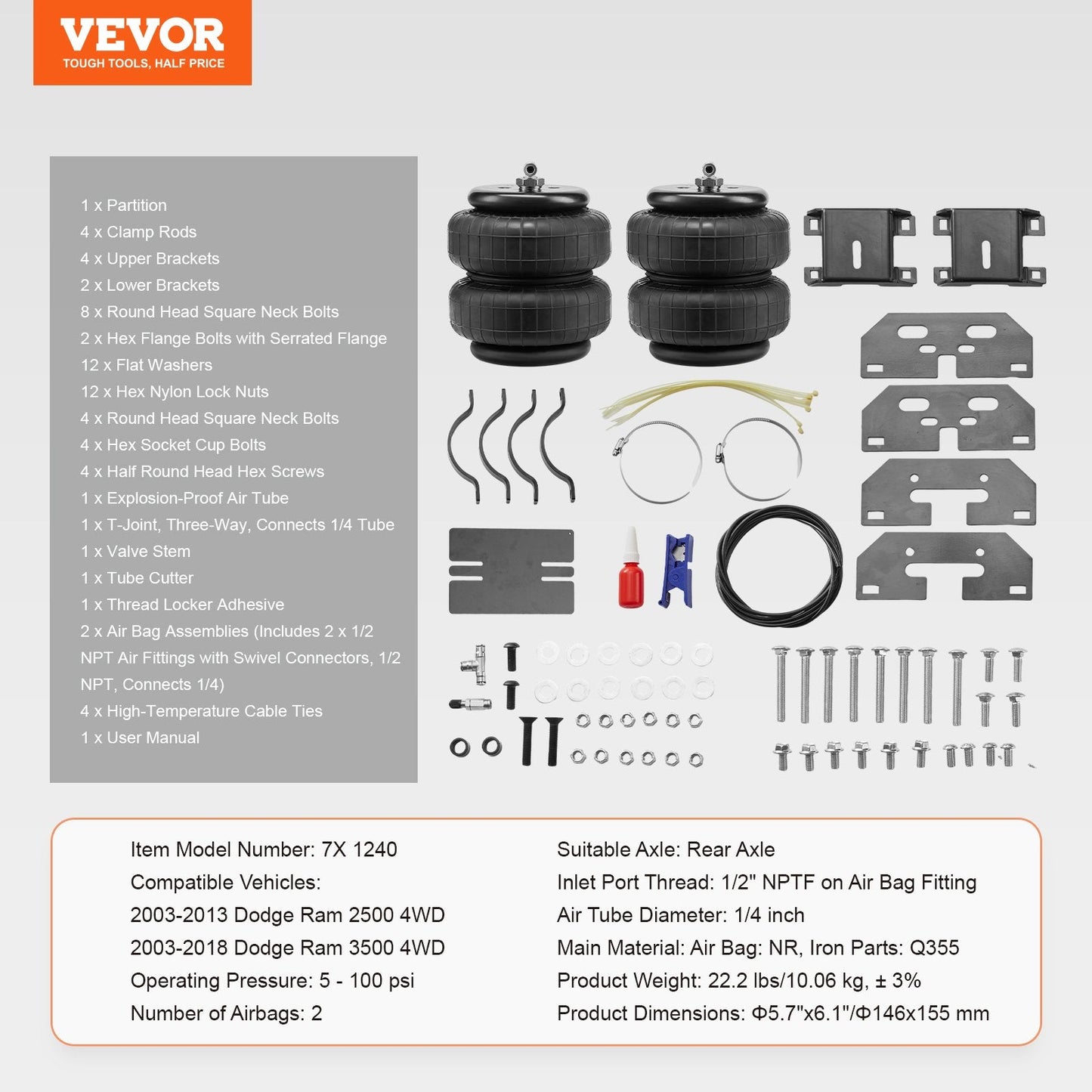 Air Springs Suspension Kit for Dodge Ram 2500/3500 4WD, 2.3 Metric Ton Load