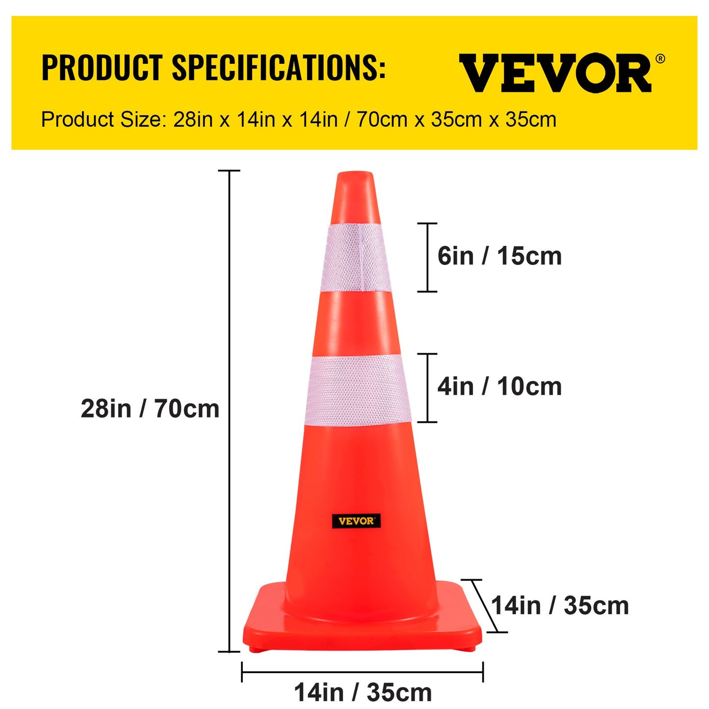VEVOR Safety Cones, 28 in/73 cm Height, 10 PCS PVC Orange Traffic Cone with 2 Reflective