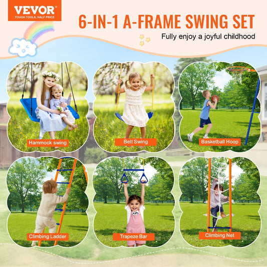Heavy-duty metal swing set supports multiple children aged three to twelve during outdoor play