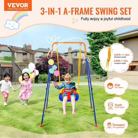 A-frame toddler swing set supports up to 200 pounds with a sturdy triangular steel construction