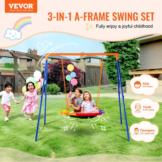 Heavy-duty steel A-frame structure and ground stakes provide stable outdoor swinging support