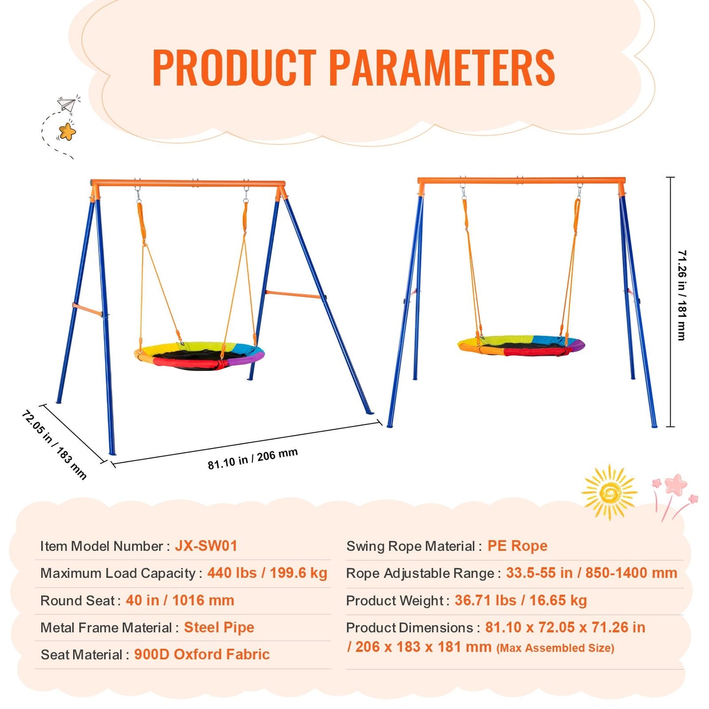 Backyard A-Frame Saucer Swing Set with 1m Seat and 199.6kg Capacity