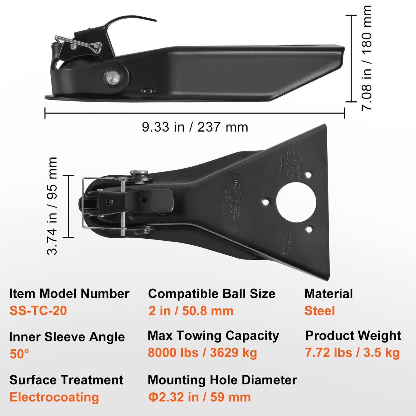VEVOR A-Frame Trailer Coupler, Fits 2-Inch Hitch Ball Size, 8000 lbs Towing Capacity,