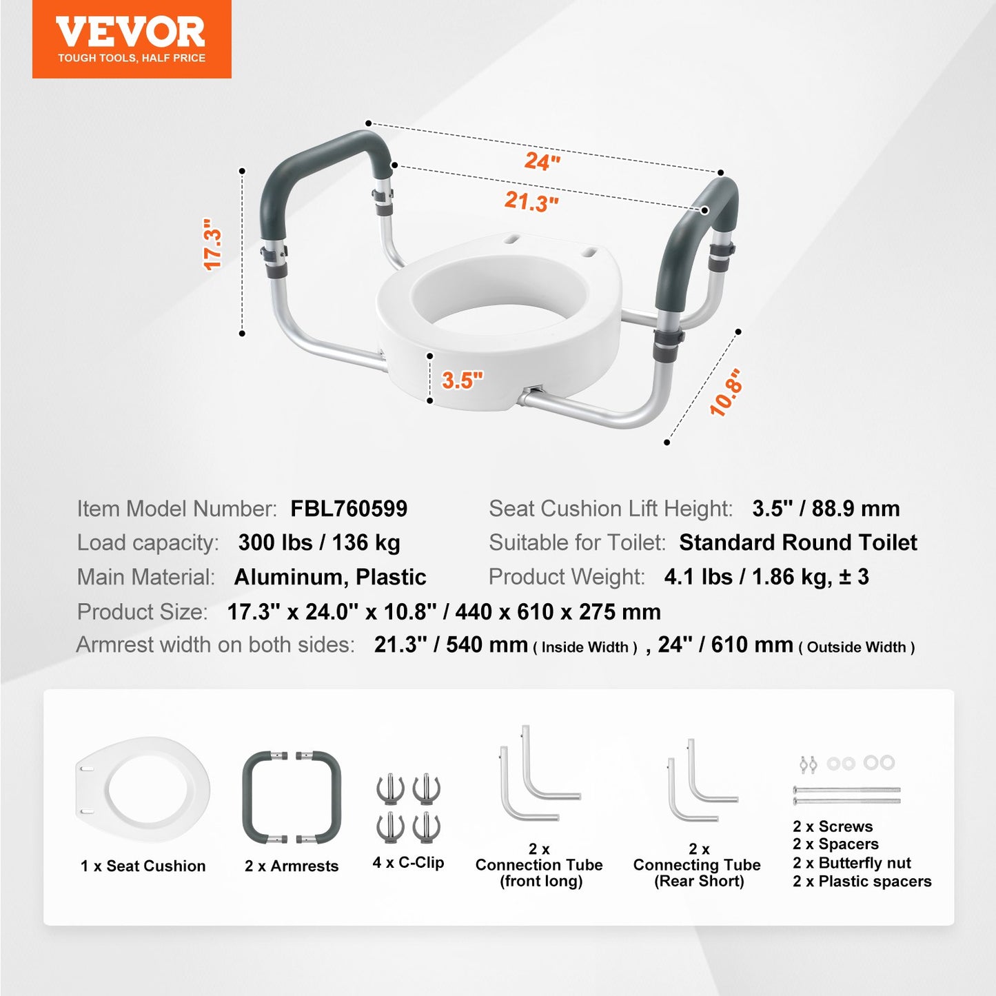 VEVOR Raised Toilet Seat,88.9 mm Height Raised, 136 kg Weight Capacity, for Standard