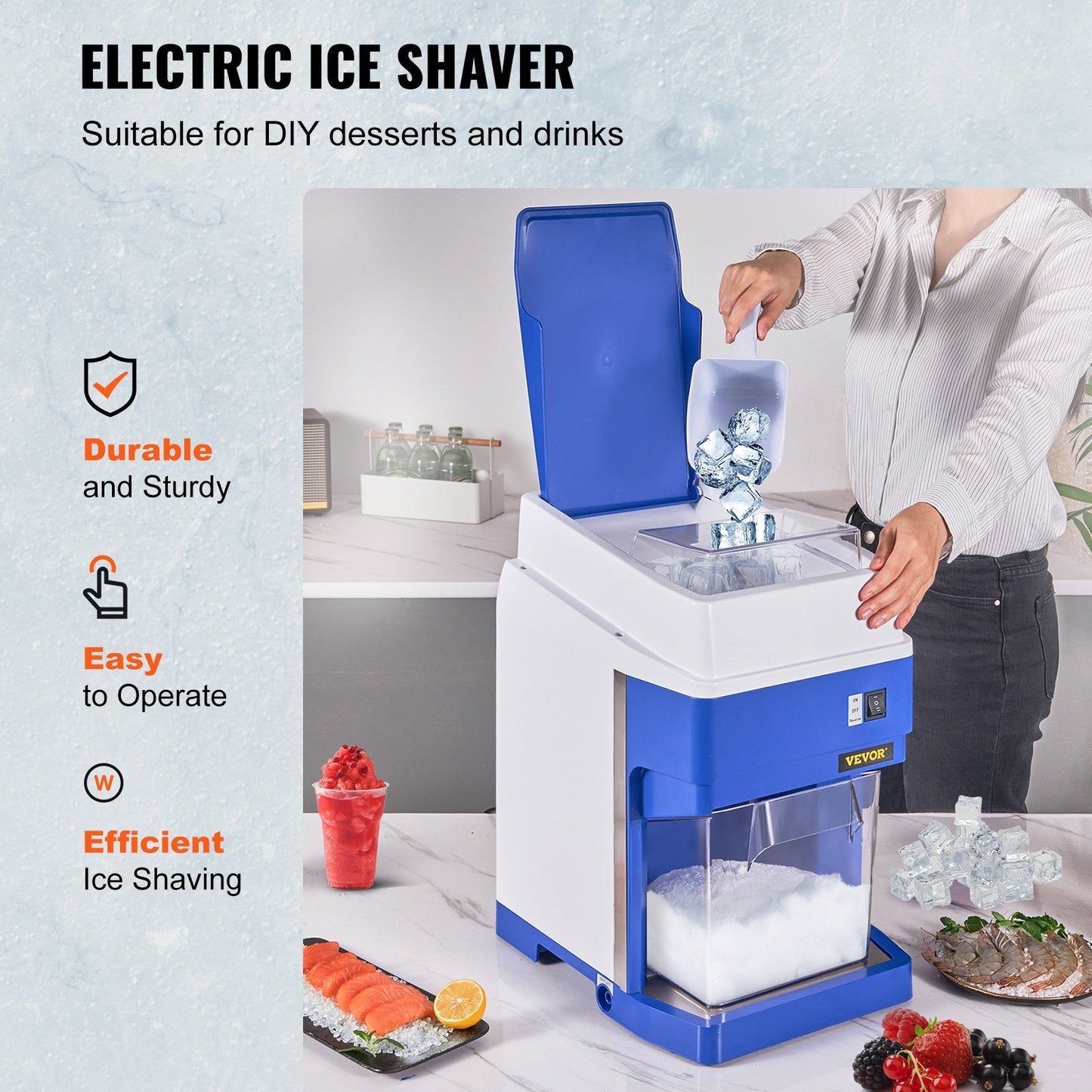 Commercial Electric Ice Shaver Crusher, 120kg/hr Snow Cone Machine with 2kg Box