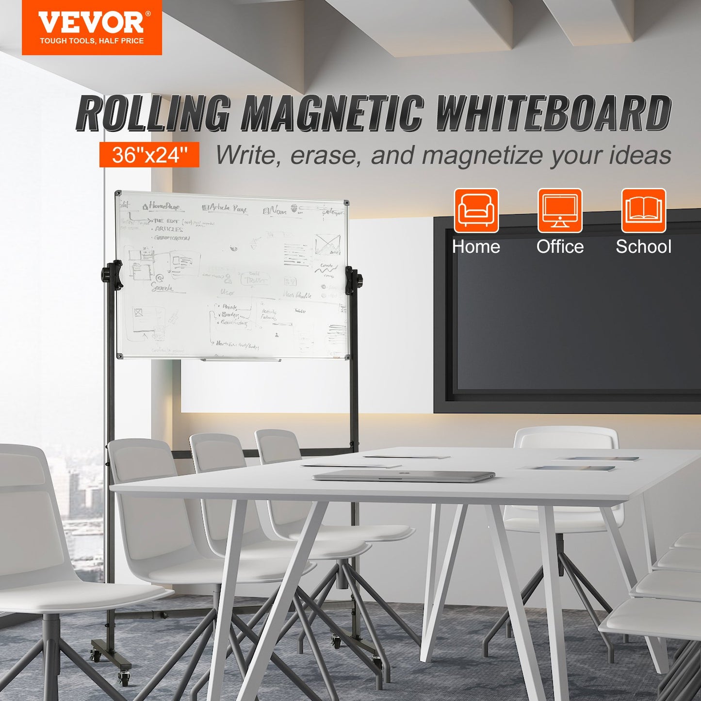 VEVOR 91.5x61cm Rolling Magnetic Whiteboard, Double-sided Mobile Whiteboard, Adjustable