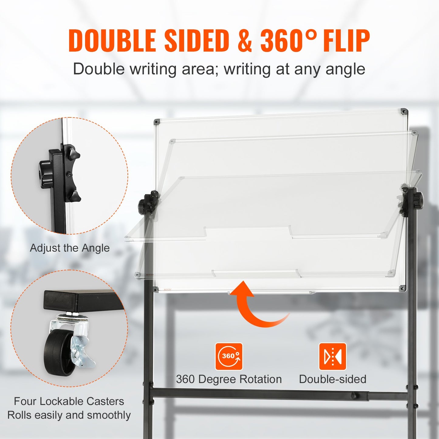 VEVOR 91.5x61cm Rolling Magnetic Whiteboard, Double-sided Mobile Whiteboard, Adjustable