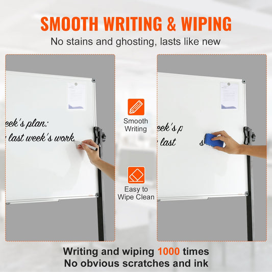 Double-Sided Mobile Whiteboard with Adjustable Height and Wheels, 0.91x0.61m