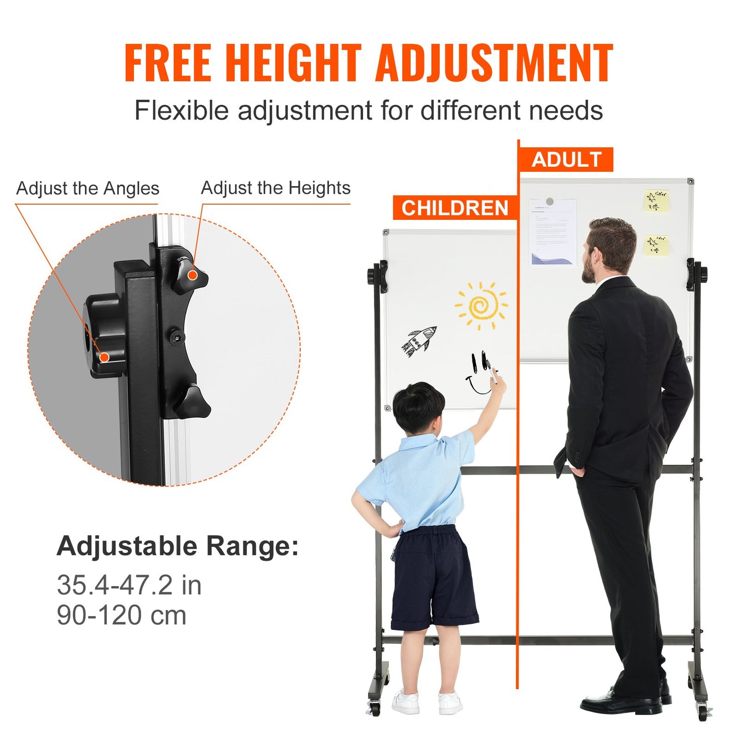 VEVOR 91.5x61cm Rolling Magnetic Whiteboard, Double-sided Mobile Whiteboard, Adjustable