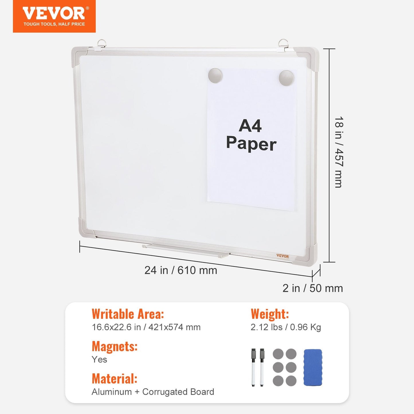 Magnetic Dry Erase Board 0.6m x 0.45m for Office with Accessories