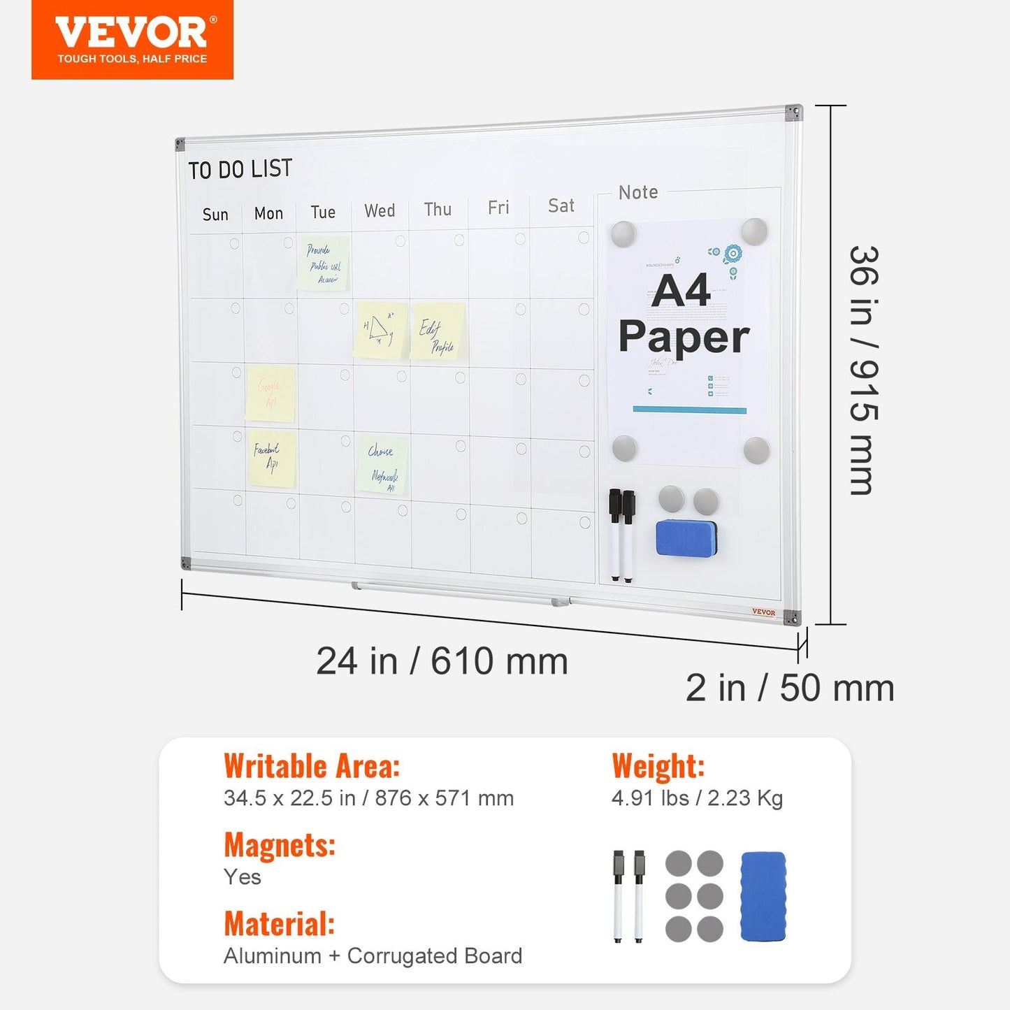 Magnetic Whiteboard 0.9 x 0.6 m Wall-Mounted Dry Erase Board for Office Use