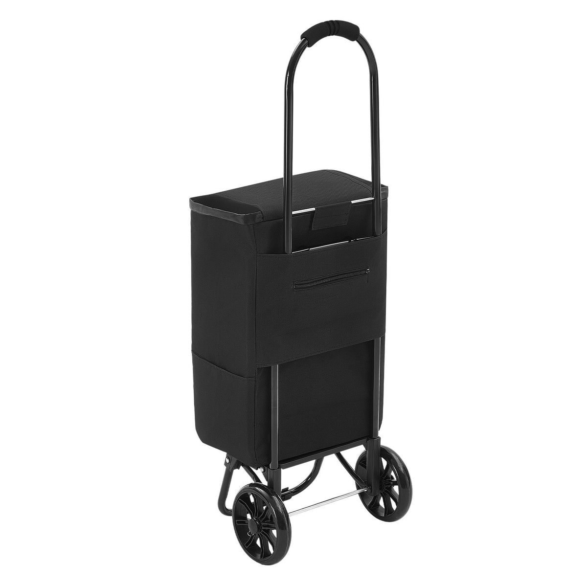 Shopping Cart with Wheels Foldable Trolley Dolly for Groceries Black, 2-in-1 Rolling Utility Cart with Detachable Bag, Soft Foam Handle, Storage Compartments, Compact for Market Laundry Camping