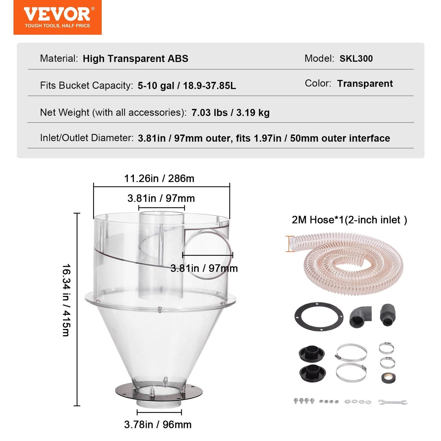 Cyclone Dust Separator for 19-38L Tanks, 325x325x415mm, Transparent ABS