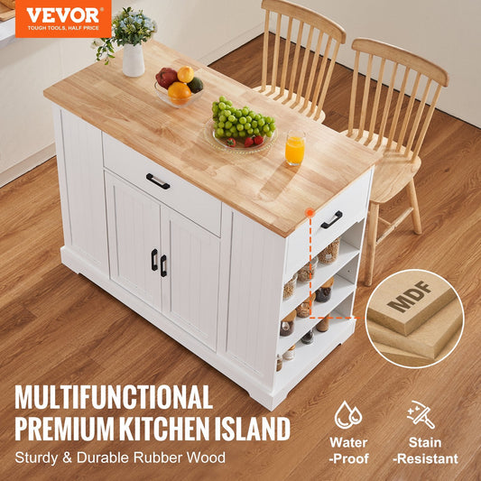 46-inch kitchen island cabinet with three drawers, two doors, and five shelves for organized storage