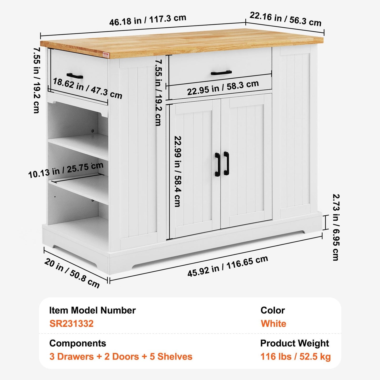 Wood & White Kitchen Island Cart with Storage, Drawer, and Shelves, 52.5 kg