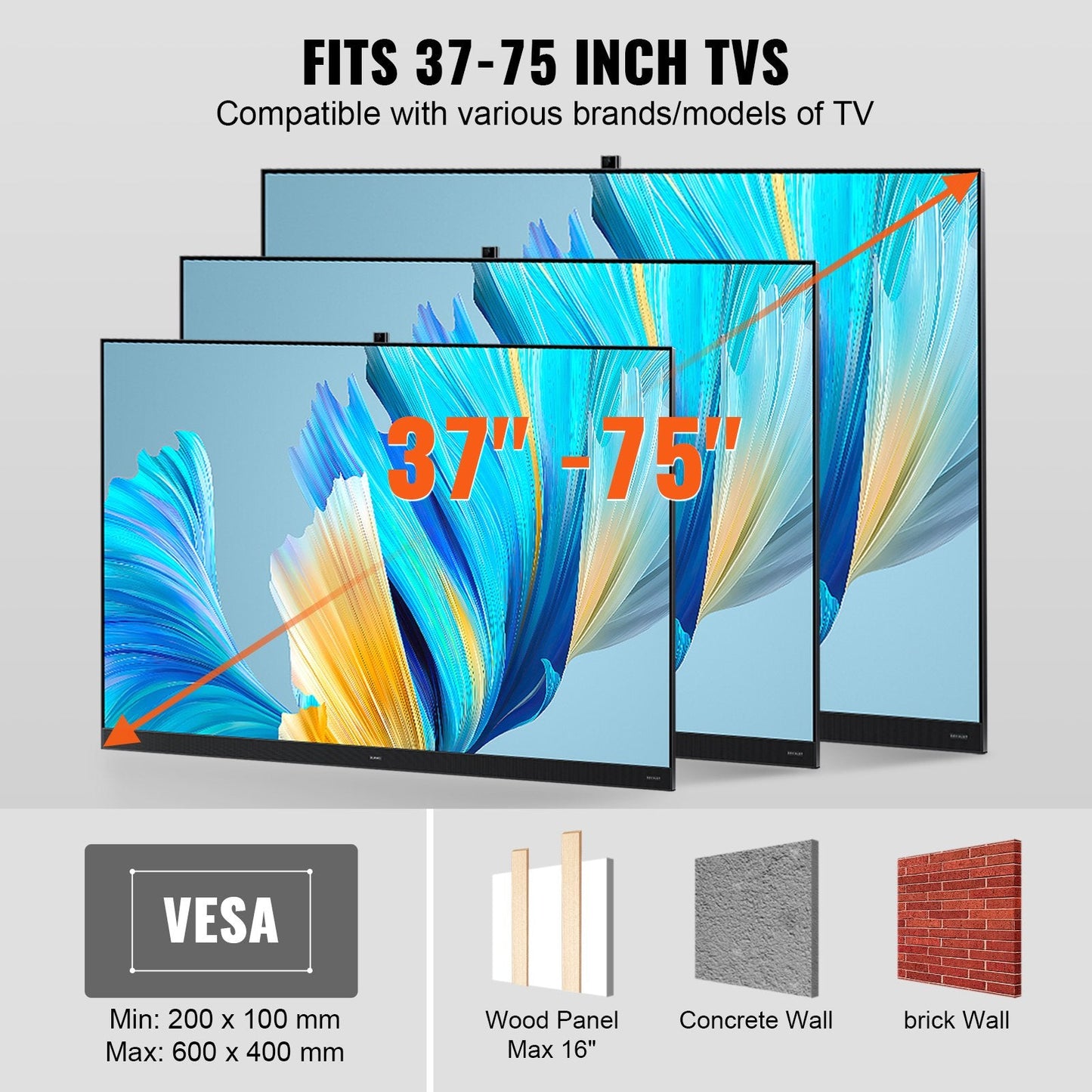 Full Motion TV Wall Mount, Fits 37-75 m TVs, Swivel Tilt, 60 kg Capacity